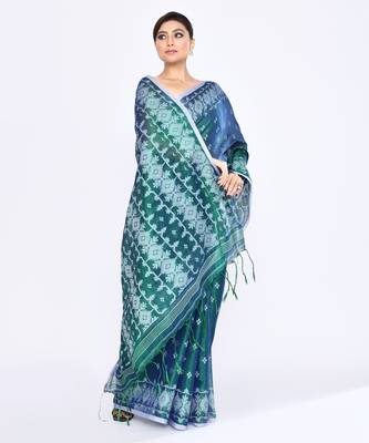 Women`s blue green zari cotton tissue jamdani saree 3
