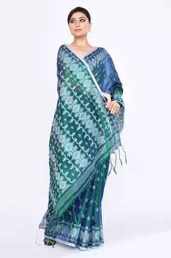 Women`s blue green zari cotton tissue jamdani saree