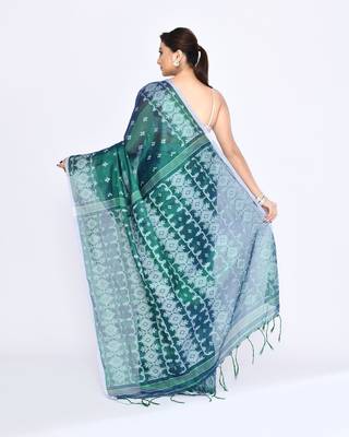 Women`s blue green zari cotton tissue jamdani saree 4
