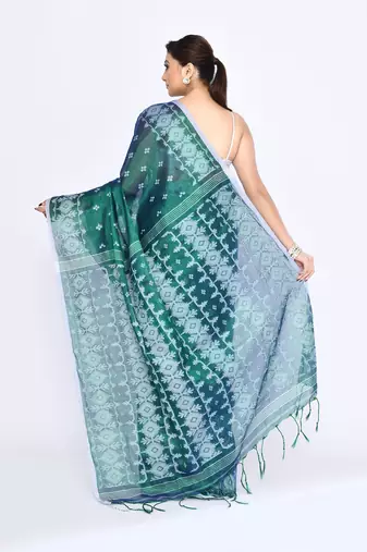 Women`s blue green zari cotton tissue jamdani saree