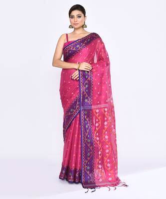 Women`s pink zari cotton tissue jamdani saree 1