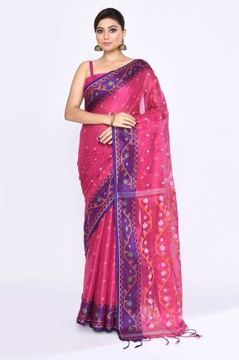 Women`s pink zari cotton tissue jamdani saree