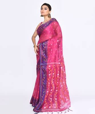 Women`s pink zari cotton tissue jamdani saree 2