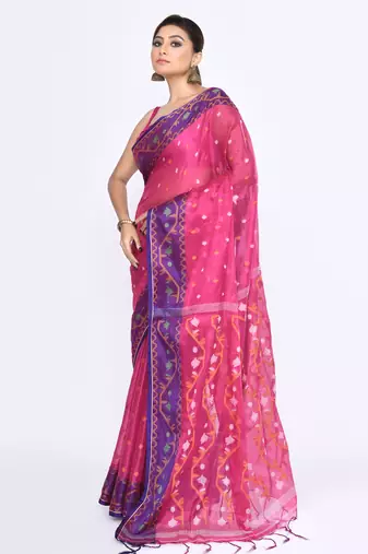 Women`s pink zari cotton tissue jamdani saree