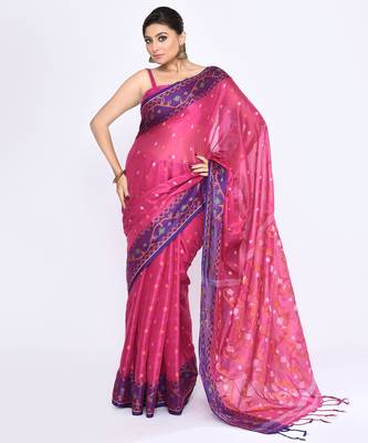 Women`s pink zari cotton tissue jamdani saree 3
