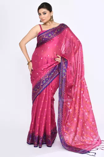 Women`s pink zari cotton tissue jamdani saree