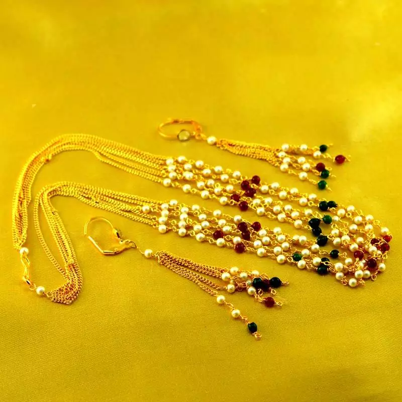 Micro Platted Moti Meenakari Polki Necklace With Earing