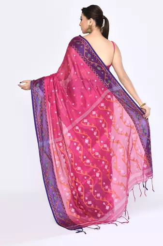Women`s pink zari cotton tissue jamdani saree