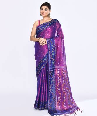 Women`s pink blue zari cotton tissue jamdani saree 1