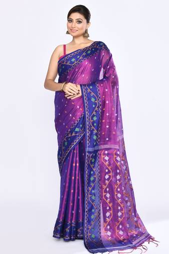 Women`s pink blue zari cotton tissue jamdani saree