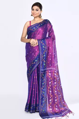 Women`s pink blue zari cotton tissue jamdani saree