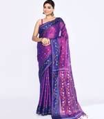 Women`s pink blue zari cotton tissue jamdani saree