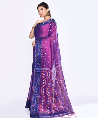 Women`s pink blue zari cotton tissue jamdani saree 2