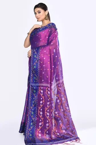 Women`s pink blue zari cotton tissue jamdani saree