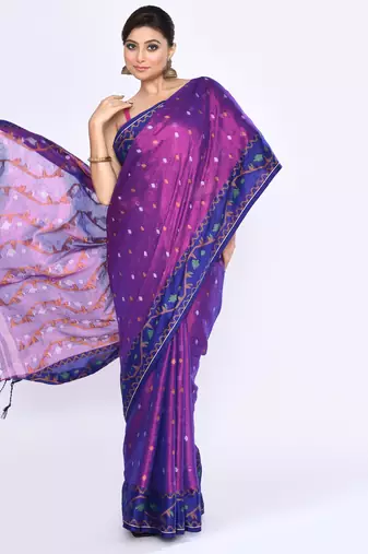 Women`s pink blue zari cotton tissue jamdani saree