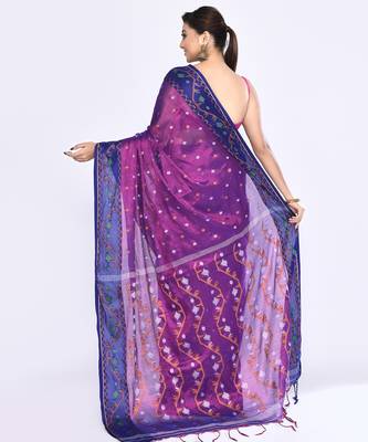 Women`s pink blue zari cotton tissue jamdani saree 4