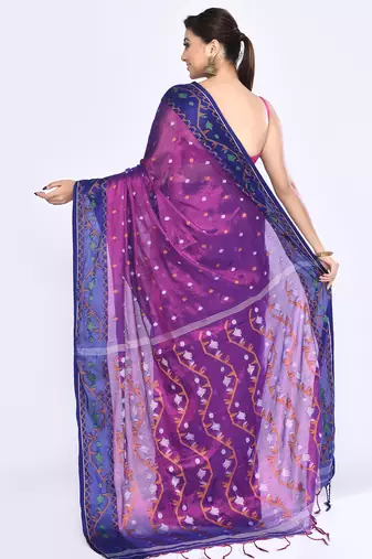 Women`s pink blue zari cotton tissue jamdani saree