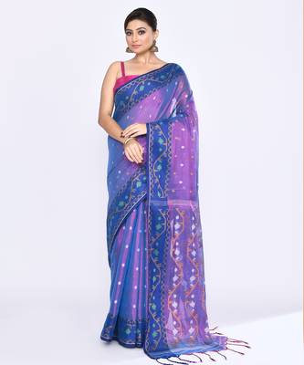 Women`s pink blue zari cotton tissue jamdani saree 1