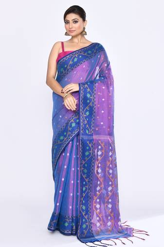 Women`s pink blue zari cotton tissue jamdani saree