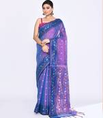 Women`s pink blue zari cotton tissue jamdani saree