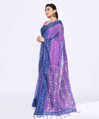 Women`s pink blue zari cotton tissue jamdani saree 2
