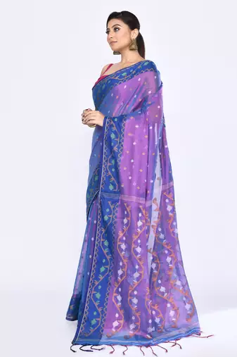 Women`s pink blue zari cotton tissue jamdani saree