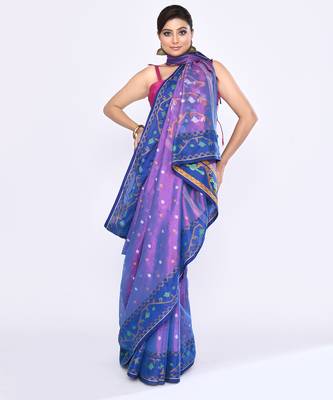 Women`s pink blue zari cotton tissue jamdani saree 3