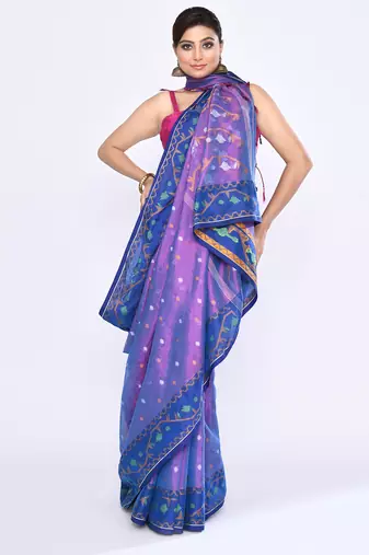 Women`s pink blue zari cotton tissue jamdani saree