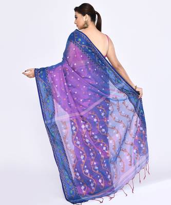 Women`s pink blue zari cotton tissue jamdani saree 4
