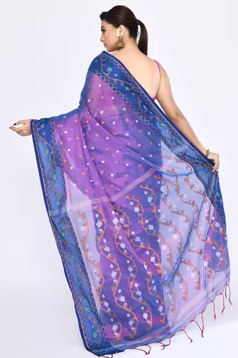 Women`s pink blue zari cotton tissue jamdani saree