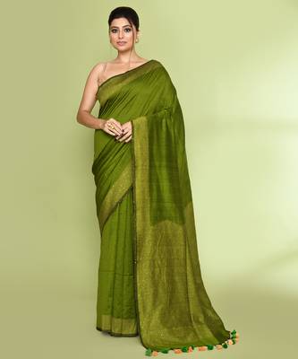 Women's apple green embellished sequinned cotton saree 1