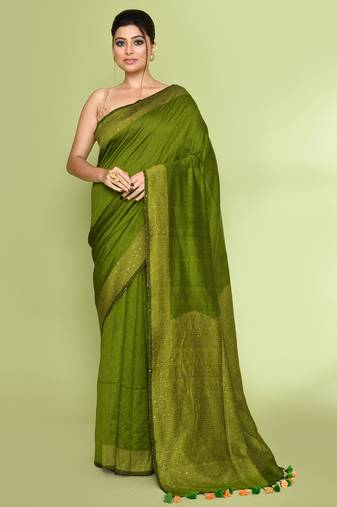 Women's apple green embellished sequinned cotton saree