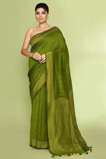 Women's apple green embellished sequinned cotton saree