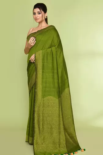 Women's apple green embellished sequinned cotton saree