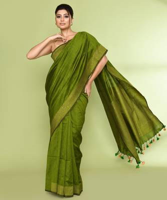 Women's apple green embellished sequinned cotton saree 3