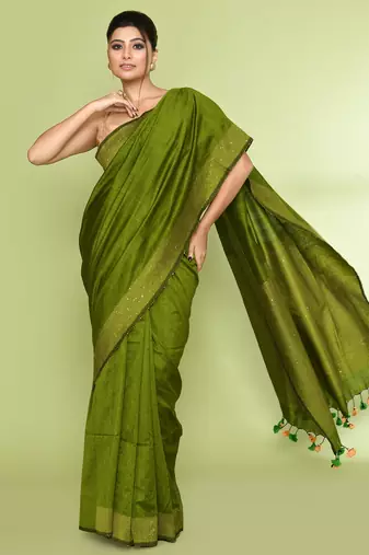 Women's apple green embellished sequinned cotton saree