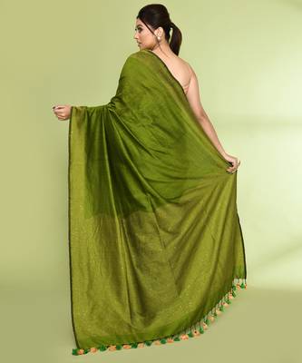 Women's apple green embellished sequinned cotton saree 4