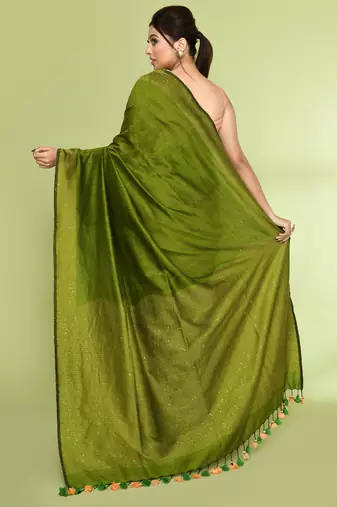 Women's apple green embellished sequinned cotton saree
