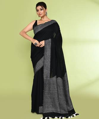 Women's black embellished sequinned cotton saree 1
