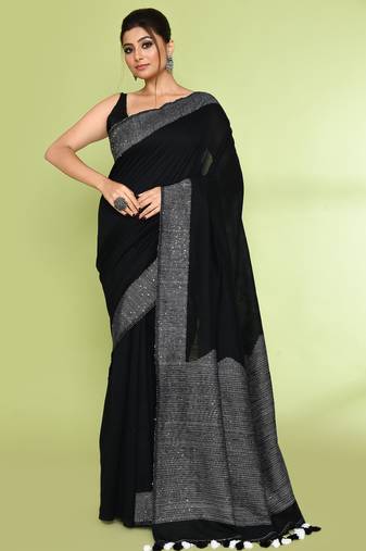 Women's black embellished sequinned cotton saree