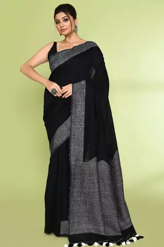 Women's black embellished sequinned cotton saree