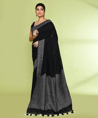 Women's black embellished sequinned cotton saree 2