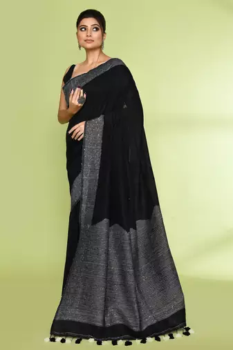 Women's black embellished sequinned cotton saree
