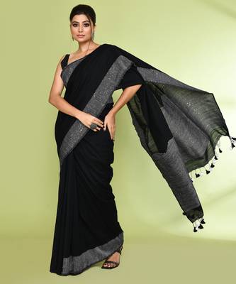 Women's black embellished sequinned cotton saree 3