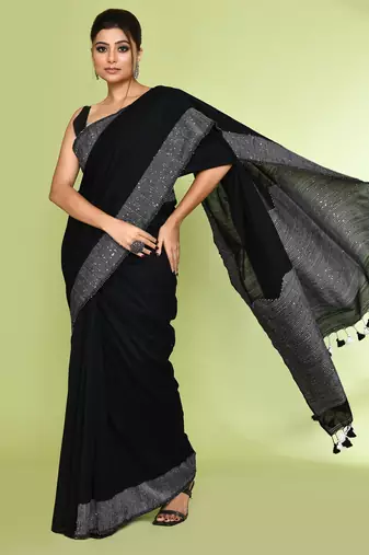 Women's black embellished sequinned cotton saree