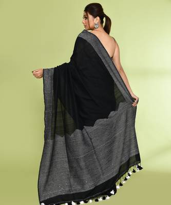 Women's black embellished sequinned cotton saree 4