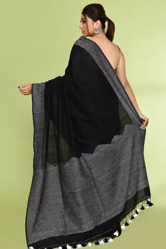 Women's black embellished sequinned cotton saree