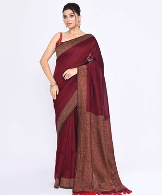 Women's maroon embellished sequinned cotton saree 1