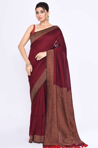 Women's maroon embellished sequinned cotton saree