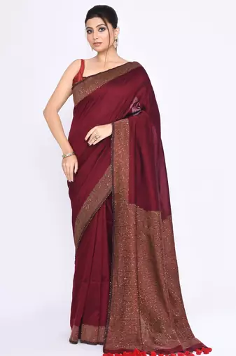 Women's maroon embellished sequinned cotton saree